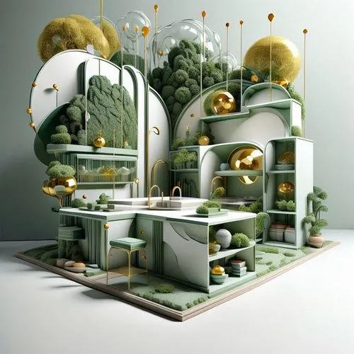 insect house,3d fantasy,terrarium,cubic house,greenhouse effect,vegetables landscape,mushroom landscape,fractal environment,virtual landscape,cube house,environmental art,tree house,eco-construction,futuristic architecture,surrealism,futuristic landscape,treehouse,modern kitchen,greenhouse,floating island