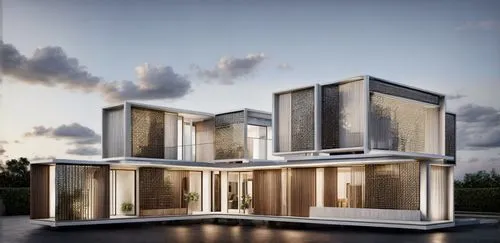 A luxury villa in Miami Florida, EVENING SKY, with sleek and modern architecture, photo-realistic architectural rendering,  modern white stucco and panel facade, with metal elements, wood flooring and