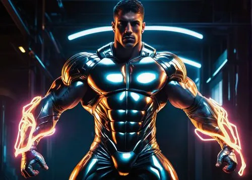 Muscular male, morphed body, intimidating physique, bulging biceps, trapezius muscles, ripped chest, defined abs, powerful legs, athletic wear, metallic armor, shiny surface, reflective material, dram