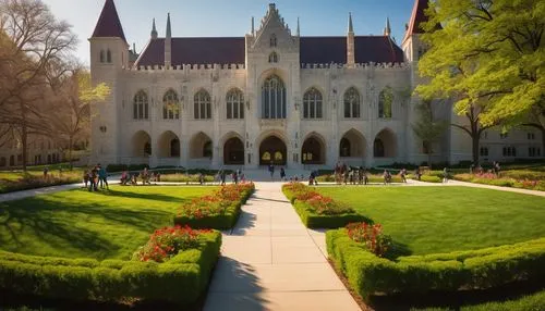 Indiana University Bloomington campus, beautiful detailed Gothic Revival style architecture, iconic Sample Gates, limestone buildings with ivy-covered walls, sprawling green lawns, blooming flowers, w