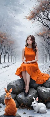 A young girl with an orange dress. Sitting on the stone. Under the winter trees, background is fog Lane and snow field. Some snow are falling and fly in the sky.  White rabbits are sitting near her.,f