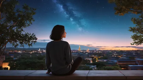 High resolution 8K, no, bright light, Octan, sky, star (sky), view, starry sky, nighttime, 1 girl, nighttime sky, alone, outdoor, signature, building, Cloud, galaxy, sit, tree, long hair, city, Silhou