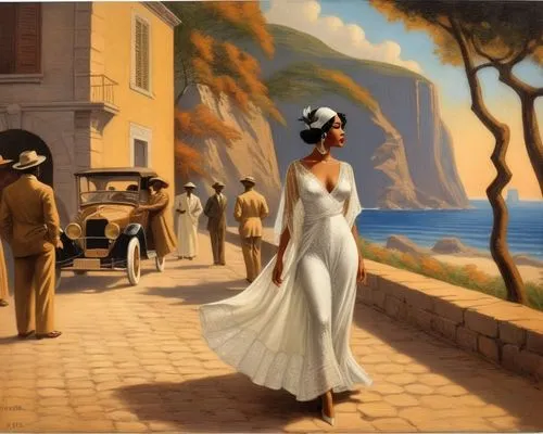 vettriano,promenade,opatija,woman walking,ravello,italian painter,apulia,girl in a long dress,catalfamo,habanera,amalfi,anacapri,bazille,sorescu,cyclades,pittura,lipari,portofino,positano,aegina,Illustration,Realistic Fantasy,Realistic Fantasy 21