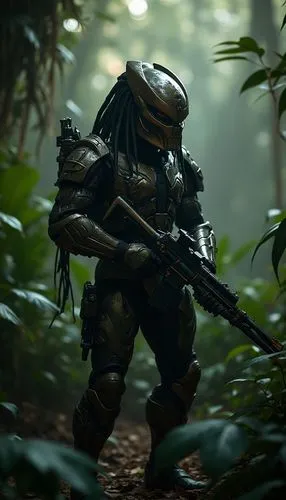 32k photo-realistic, high definition, Hyper-realistic: Leslie Cheung, Predator stealth operative, Warcraft dark knight, Halo space marine, standing in a dense jungle, mechanical armor blending into th