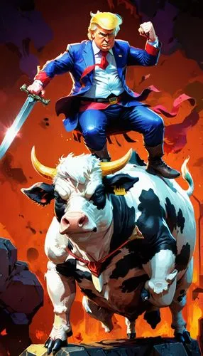 trump with sword sitting on a cow, which walking on a wall,trumpeldor,cowman,stampede,trump,taurica,trumpler,cow boy,cow,trumps,trumpy,rodeo,bull,donalds,vaca,moo,donald,warthegau,potus,djo,strumpf,Co