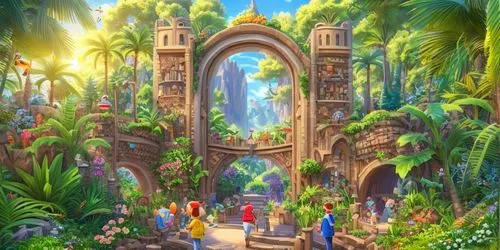 garden of eden,fairy world,fairy village,cartoon video game background,fantasy picture,fantasy world,children's background,fantasy landscape,oasis,heaven gate,3d fantasy,arabic background,polynesia,druid grove,bird kingdom,mausoleum ruins,fairy tale castle,the disneyland resort,el arco,portal,Common,Common,Cartoon