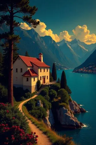 lake como,coastal landscape,house with lake,beautiful landscape,home landscape,landscape background,Illustration,Realistic Fantasy,Realistic Fantasy 02