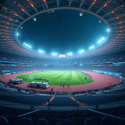 Futuristic sports stadium, high-tech scoreboard, giant LED screens, sleek metallic bleachers, athletic track with embedded sensors, robotic lawn mowers, drones capturing aerial footage, virtual realit