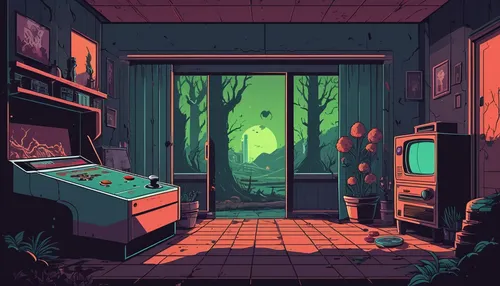 game room,abandoned room,hideaway,cabin,retro styled,rooms,game illustration,hallway,cold room,terrarium,computer room,adventure game,basement,pixel art,game art,study room,rest room,haunted forest,playing room,lonely house,Illustration,Japanese style,Japanese Style 06