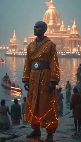 32k photo-realistic, high definition, hyper-realistic, full body shot of a South Asian man as a cybernetic monk, dressed in futuristic robes adorned with LED-lit mandala patterns that pulse with energ