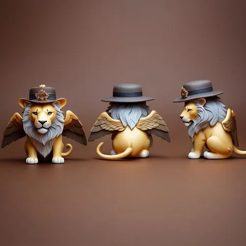 a  toy of lion,each side one image,front side,back side,left side,same color,relistic,with little wings,,whimsical animals,oktoberfest cats,fox stacked animals,figurines,corgis,anthropomorphized anima