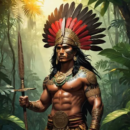 aztec,tribal chief,barbarian,the american indian,american indian,polynesian,native american,aztecs,tarzan,warrior east,lone warrior,shamanic,shaman,maya civilization,male character,siam fighter,spartan,black warrior,cherokee,conquistador,Illustration,Japanese style,Japanese Style 07