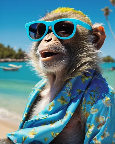 Create funny pictures of a silly monkey wearing sunglasses at the beach,barbary monkey,monkey banana,monkeys band,monkey island,madagascar,beach background,monkey,anthropomorphized animals,baby monkey