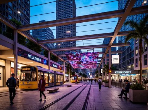 Vibrant tram station, modern architecture, sleek metal beams, glass roofs, LED light installations, futuristic ambiance, dynamic color schemes, neon signs, urban cityscape, busy pedestrian traffic, ru