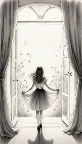 little girl in wind,open door,treacherous,window to the world,the little girl's room,agoraphobic,glimpsing,threshold,ghost girl,looking glass,agoraphobia,isoline,the little girl,the threshold of the house,window pane,girl walking away,dandelion hall,curtains,book illustration,in the door,Illustration,Black and White,Black and White 30