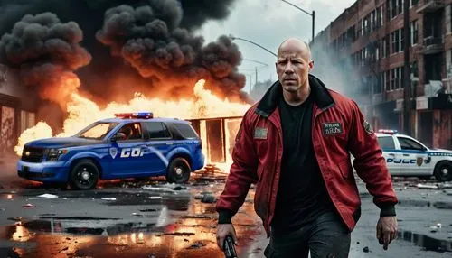 Police car blue and white, realistic, wet paint, ,a man walks near a fire truck and police car,toretto,mcclane,cragen,agneepath,starbury,fast and furious