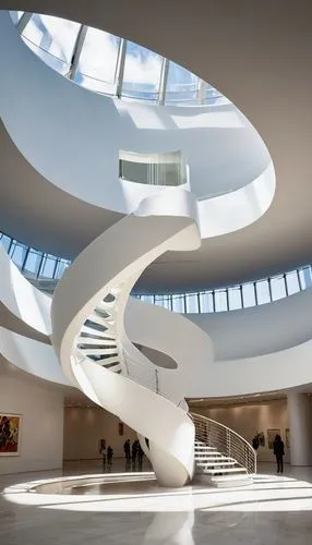 futuristic art museum,guggenheim museum,circular staircase,spiral staircase,futuristic architecture,winding staircase,niemeyer,blavatnik,staircase,spiralling,atrium,cochere,spiral stairs,maxxi,spiral,safdie,staircases,sky space concept,spaceship interior,daylighting,Illustration,Realistic Fantasy,Realistic Fantasy 10