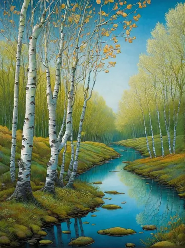 birch forest,brook landscape,river landscape,forest landscape,river birch,autumn landscape,riparian forest,oil painting on canvas,birch trees,nature landscape,oil painting,landscape nature,oil on canvas,deciduous forest,salt meadow landscape,watercourse,birch tree,birch alley,flowing creek,canoe birch,Illustration,Realistic Fantasy,Realistic Fantasy 05