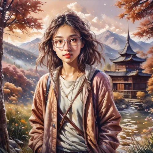 world digital painting,asian woman,fantasy portrait,mystical portrait of a girl,portrait background,japanese woman,girl portrait,landscape background,girl with tree,romantic portrait,korea,digital painting,asia,shirakami-sanchi,girl with bread-and-butter,artist portrait,young girl,autumn background,asian vision,girl studying