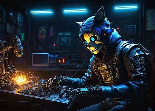 FNAF security breach OC, futuristic laboratory setting, robotic character, glowing blue circuits, neon lights, metallic limbs, sharp claws, hoodie with a torn sleeve, ripped jeans, sneakers with a bro