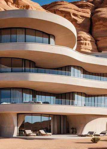 a hotel, in the style of 32k uhd, Constructed of cement, zaha design style, Luxurious texture, outdoor scene, placed in the desert, modern architecture, Modern minimalist design,futuristic architectur