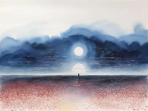 mcnaught,lunar landscape,moonscape,moonrise,descender,moonlight,sea night,moonstruck,moonlit night,watercolor background,the endless sea,moonlit,hertzfeldt,the horizon,moonglow,watercolour,distant,watercolor blue,hanging moon,moons,Illustration,Paper based,Paper Based 07