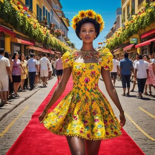 The sleek, modern device in this digital representation of AI Image creates a vibrant display for a woman dressed in a vibrant yellow dress with vibrant floral designs. The dress is made up of brightl