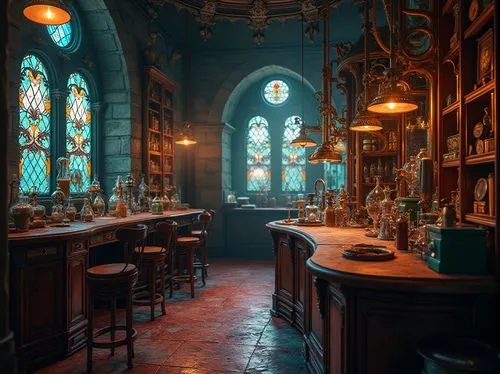 Intricate laboratory equipment, ornate metalwork, curved lines, flowing organic shapes, stained glass windows, vibrant jewel-toned colors, luxurious velvet fabrics, polished wooden accents, antique sc