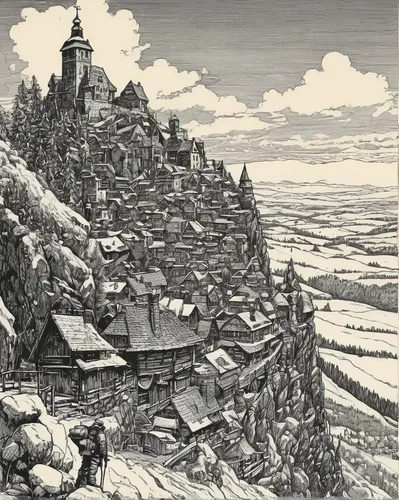 escher village,mountain settlement,peter-pavel's fortress,mountain village,alpine village,escher,medieval town,cool woodblock images,hamelin,ancient city,meteora,winter village,dunun,crosshatch,new castle,villages,mountain huts,berge stahl,mountain scene,säntis,Conceptual Art,Daily,Daily 09