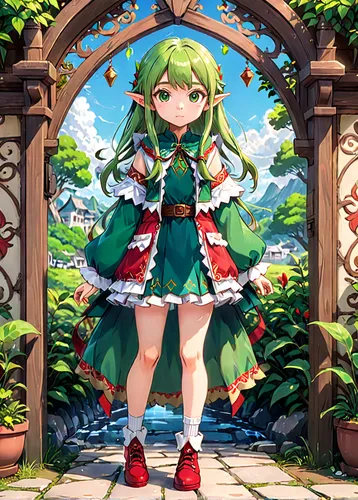 tiki,meteora,elf,forest clover,green aurora,emerald,aurora,green wreath,erika,forest background,belarus byn,wiz,swiss chard,green garden,red green,red and green,quetzal,background ivy,acerola,clover frame,Anime,Anime,Traditional