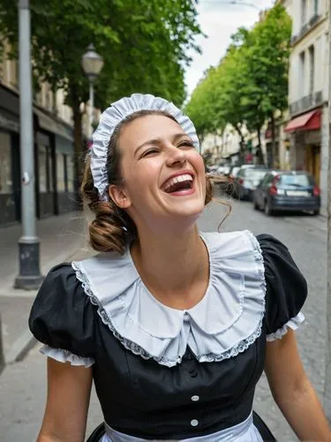 A 30-year-old French maid laughing her head off on the street.,woman in a white and black dress laughing on the street,parisienne,francophile,dirndl,victoire,frenchwoman,mademoiselle,Photography,Docum