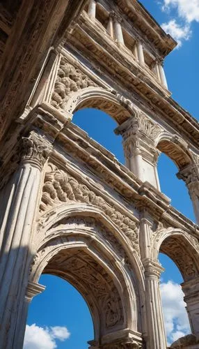 Ancient Roman architecture, grand pillars, ornate Corinthian capitals, intricately carved marble, weathered stone surfaces, majestic arches, solemn atmosphere, bright blue sky, few puffy white clouds,