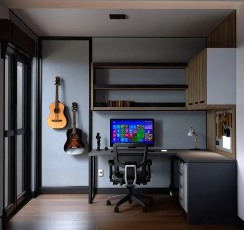 modern room,playing room,music studio,game room,computer room,3d rendering,japanese-style room,great room,3d render,render,rental studio,recording studio,working space,cabinetry,study room,bonus room,