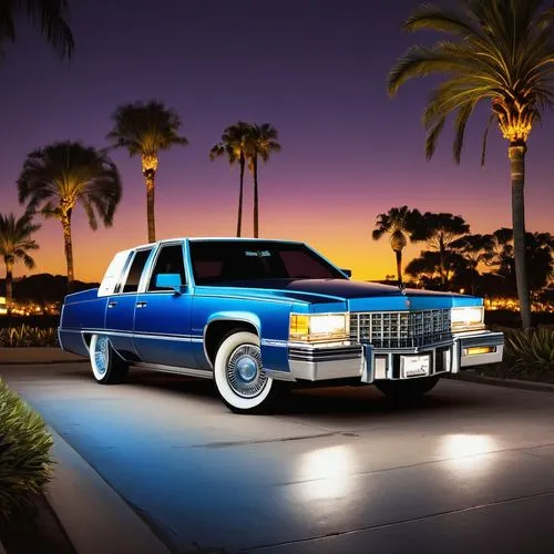 Lowrider 1989 Cadillac Deville, customized, metallic blue paint job, chrome wheels with thin white wall tires, hydraulic system, lowered suspension, sleek curved lines, luxurious interior, beige leath