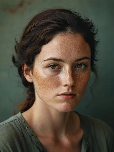 a picture of a woman with freckled and rough facial skin and a soft dark lady's beard.,an image of a woman with freckled hair,arya,rey,catelyn,lughnasa,lori,peletier,Photography,Documentary Photograph