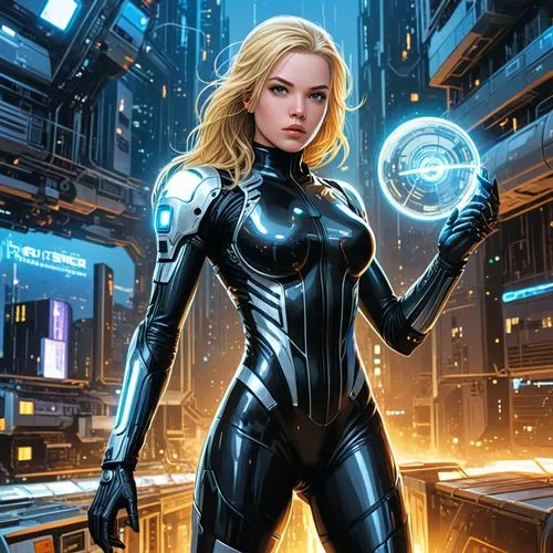 Guin in a black and silver exo suit running into a blue and white energy Dimension door. as the hi-tech Orbs silver & chrome cover her escape by firing at a gang of thugs,kolin,dazzler,sci fiction ill