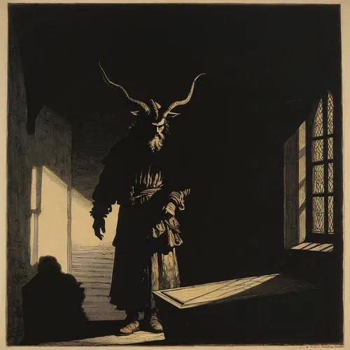 The shadow of a demon with horns above a coffin sitting in a dark room,an illustration of a man in a dark room standing next to an old window,mignola,brigman,wendling,watchorn,mezzotint,wrightson,Art,