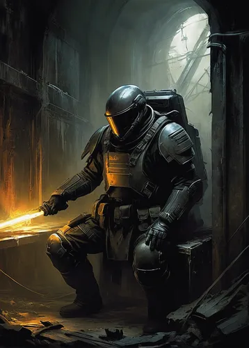 boba fett,sci fi,sci fiction illustration,cg artwork,sci - fi,sci-fi,steel helmet,protective suit,infiltrator,doctor doom,scifi,crucible,mercenary,droid,spacesuit,patrols,fuze,storm troops,stormtrooper,concept art,Illustration,Realistic Fantasy,Realistic Fantasy 16