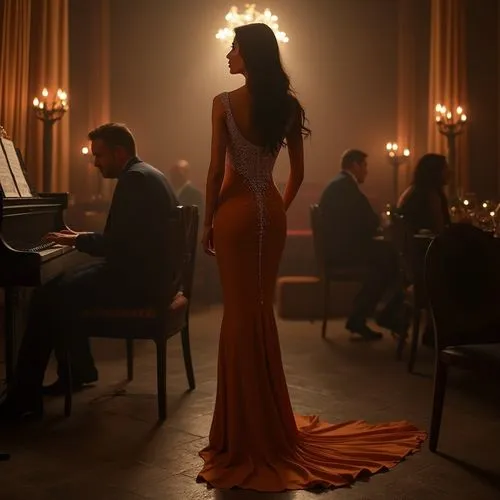 a floor-length dress,habanera,elegante,evening dress,pianist,girl in a long dress,Photography,General,Realistic