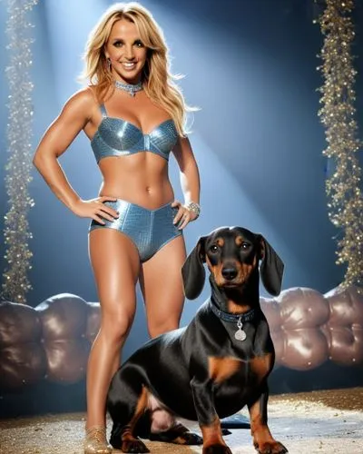 Britney Spears, fazendo pose, com dachound, pequenes,preto,a woman posing with a dog in front of some balloons,britney,golden ritriver and vorderman dark,wanessa,blackney,xuxa,willam