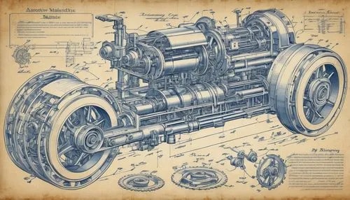 intricate hand drawing of construction plan of automotive industrial machine, on old paper. Unveil a symphony of gears, conveyors, and robotic arms meticulously arranged for maximum efficiency. Adorn 