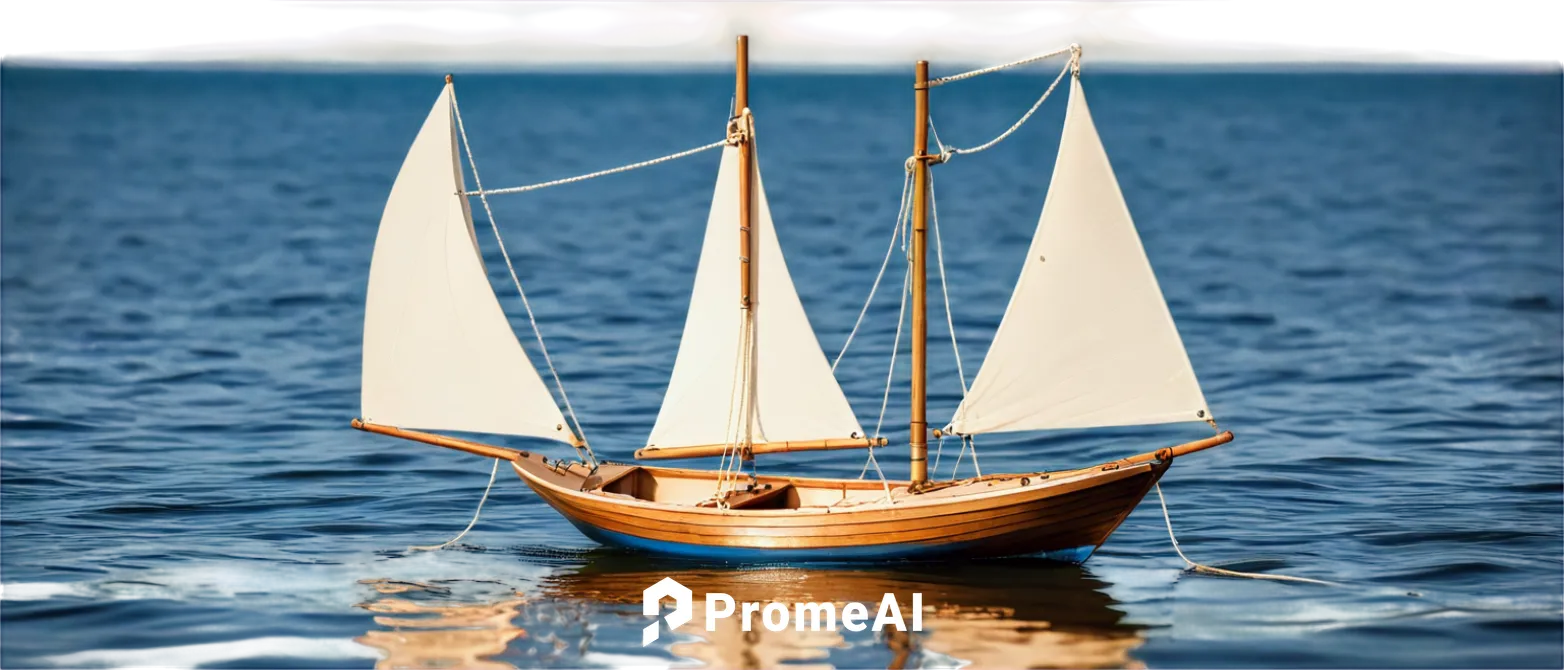 Small wooden sailboat, white sail, blue ropes, shiny brass fittings, worn wooden deck, single mast, gentle waves, morning sunlight, soft focus, warm color tone, shallow depth of field, 3/4 composition