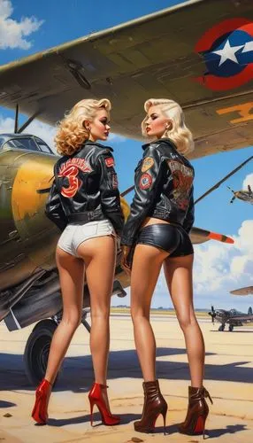 A rear from below upwards shot of two gorgeous 23 and 26 years old pin-up fly girls with short camouflaged pants, red and blue high heels, black and brown aviator gloves each, both wearing each a  pai