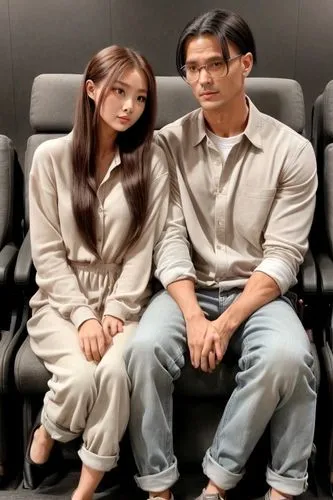 They are a couple.  They are sitting in the cinema watching a movie.  He wears jeans and a black button-up shirt.  She wears a short pink dress.  Her black hair is pulled into a ponytail.,sanchai,lako