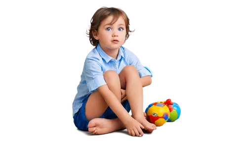 Child, innocent face, big round eyes, rosy cheeks, messy brown hair, simple white shirt, blue shorts, bare feet, sitting on floor, playing with toys, soft natural light, warm color tone, 3/4 compositi