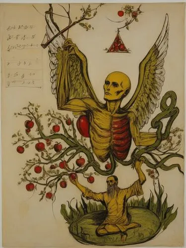 the left branches are apple tree and the second are snakes. the seated figure is holding an apple and a snake bits his right arm. keep the wings and the triangle.  there is fire surrounding the seated