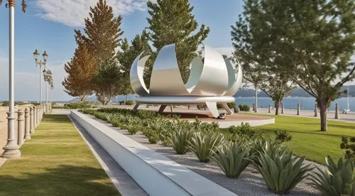 a walkway leading to a grassy area and large circular sculpture,k13 submarine memorial park,batumi,mudanya,pendik,mamaia,pogradec,Photography,General,Realistic