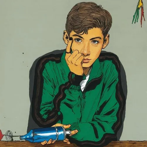 teenager hand holding a can of spray paint ,a young man is touching his cheek with an object,guttuso,cool pop art,hodler,girl at the computer,colescott,paolozzi,Illustration,American Style,American St