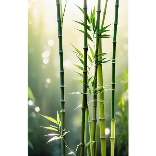 Tall bamboo, green stems, joint nodes, feathery leaves, gentle sway, morning dew, soft sunlight filtering through leaves, 3/4 composition, shallow depth of field, warm color tone, cinematic lighting, 