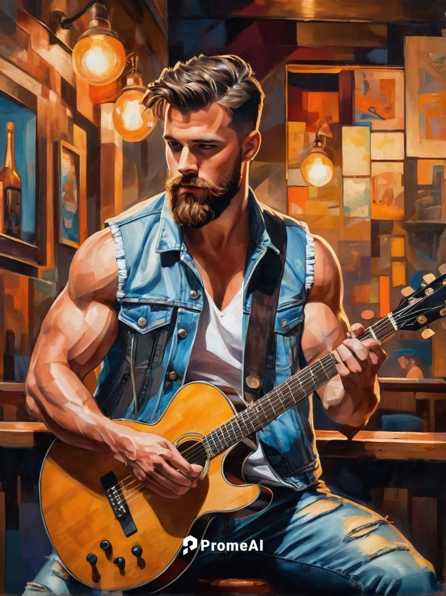 muscular man, Kyle Hemsworth, 30s, rugged beard, short brown hair, strong jawline, piercing blue eyes, sleeveless denim jacket, white tank top, ripped jeans, black boots, holding a guitar, playing in 